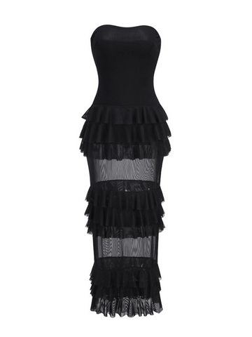 Miya Strapless Mesh Maxi Dress with Ruffle Panels