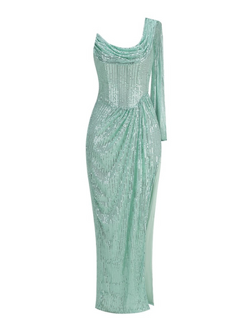 Alina One-Sleeve Sequin Cowl Gown