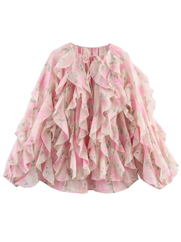 Maddox Floral Ruffle Lace-Up Blouse