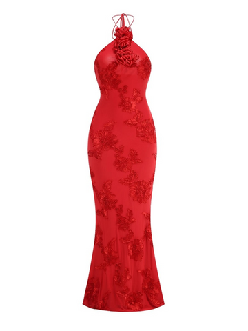 Dua Floral Appliqué Mermaid Dress in Red