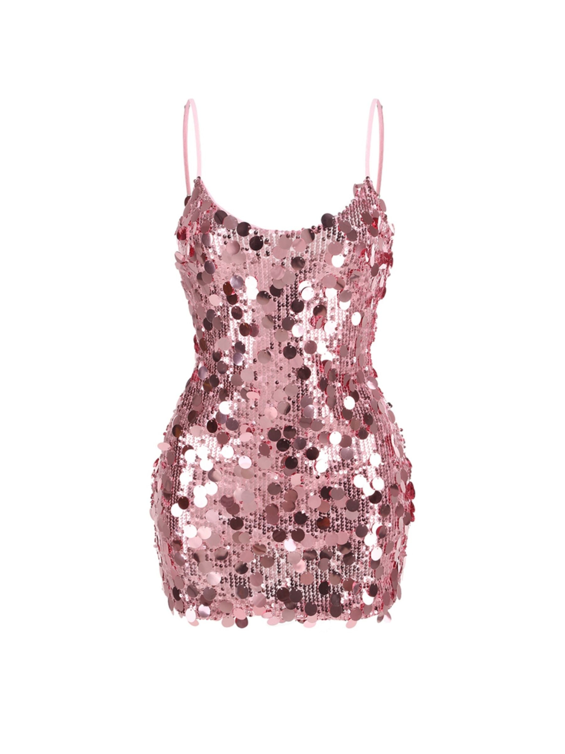 pink sequin dress mini Miami Nights Cowl Neck Sequin Mini Dress Baby Pink