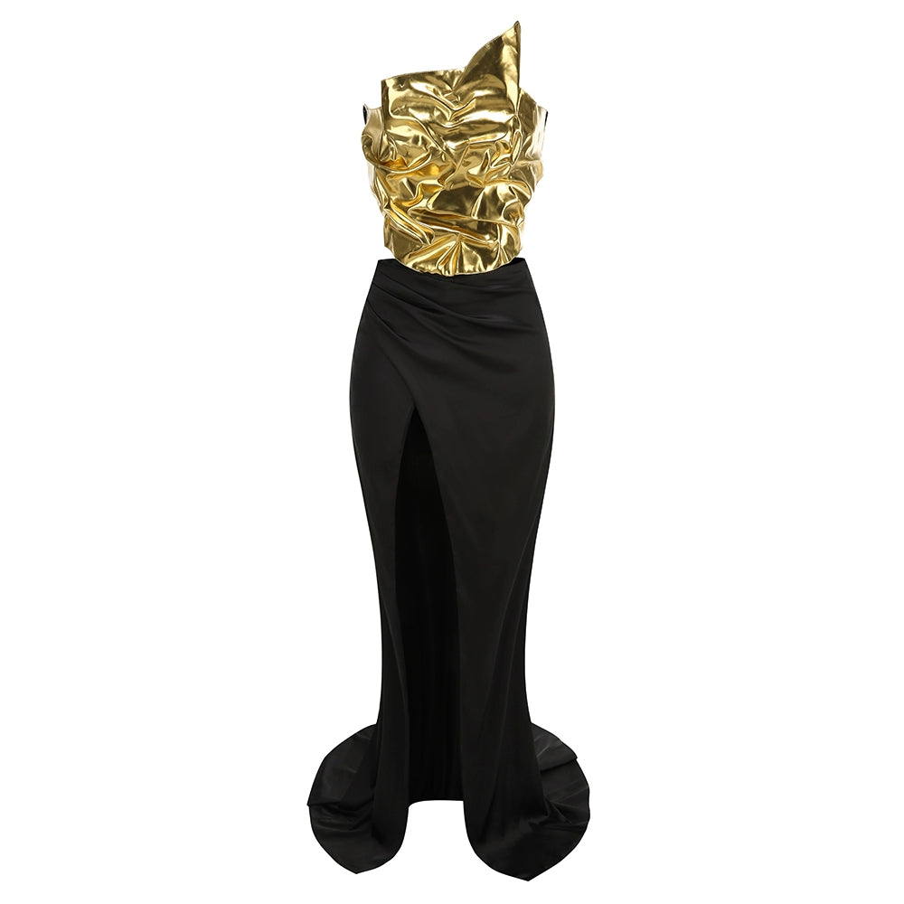aidan mattox gold sequin dress Elliemae Sequin Slit Gown