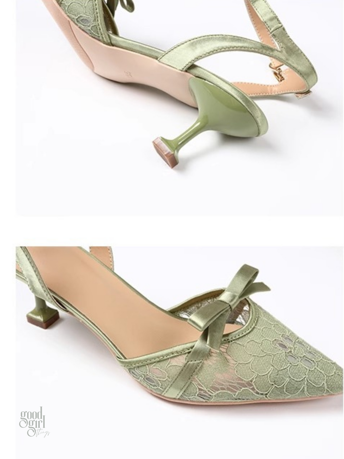 Ellery Sage Green Lace Bow Heels