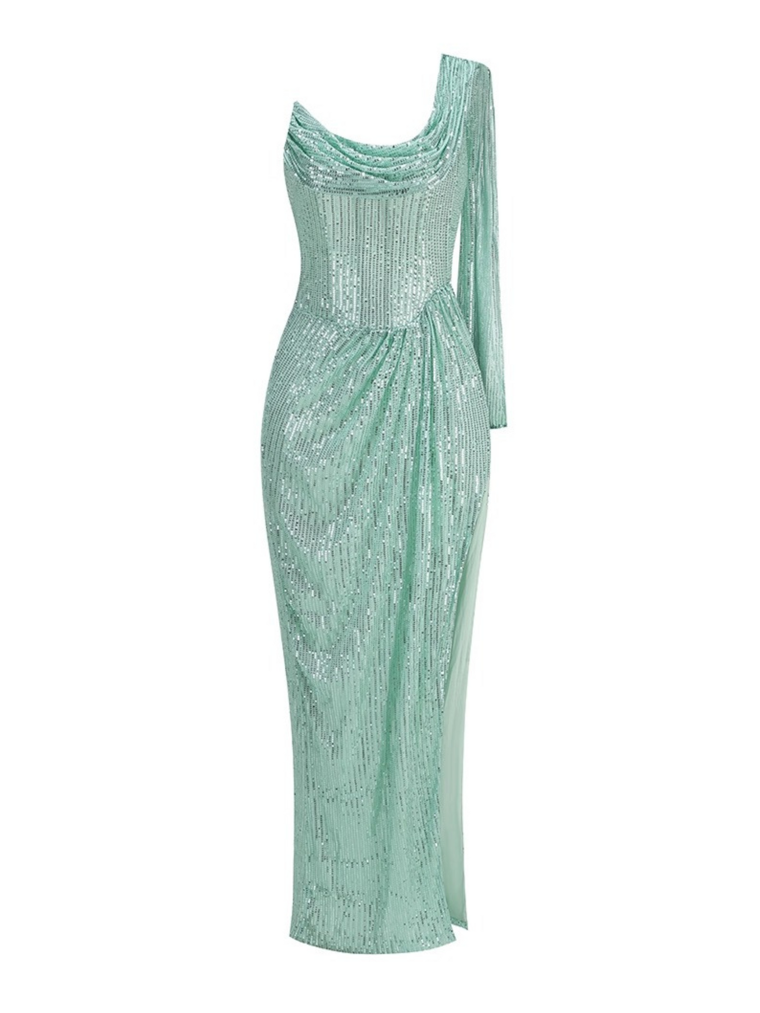 Alina One-Sleeve Sequin Cowl Gown