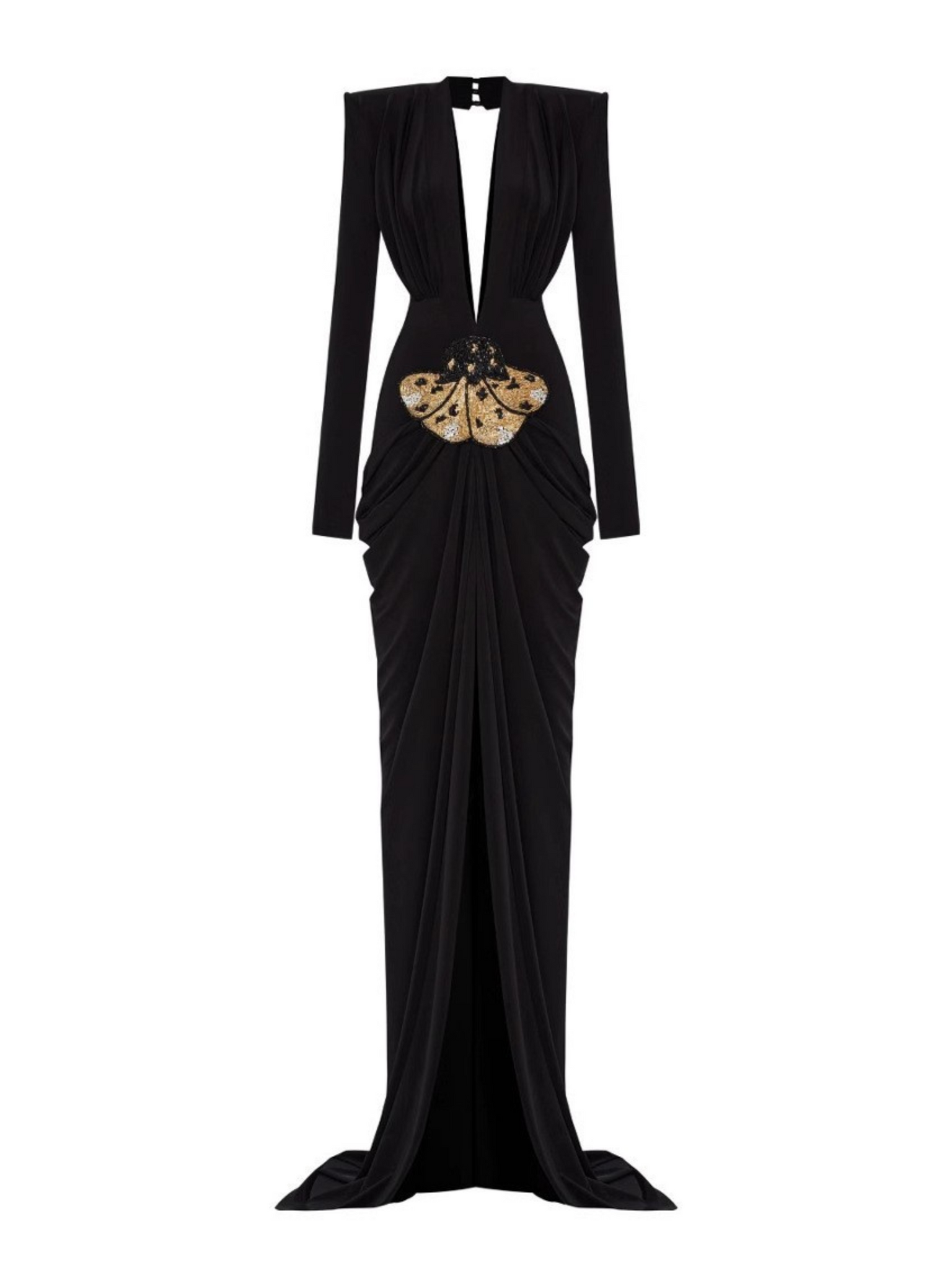 black and gold long sleeve maxi dress Black And Gold Long Sleeve Embellished Maxi Dress