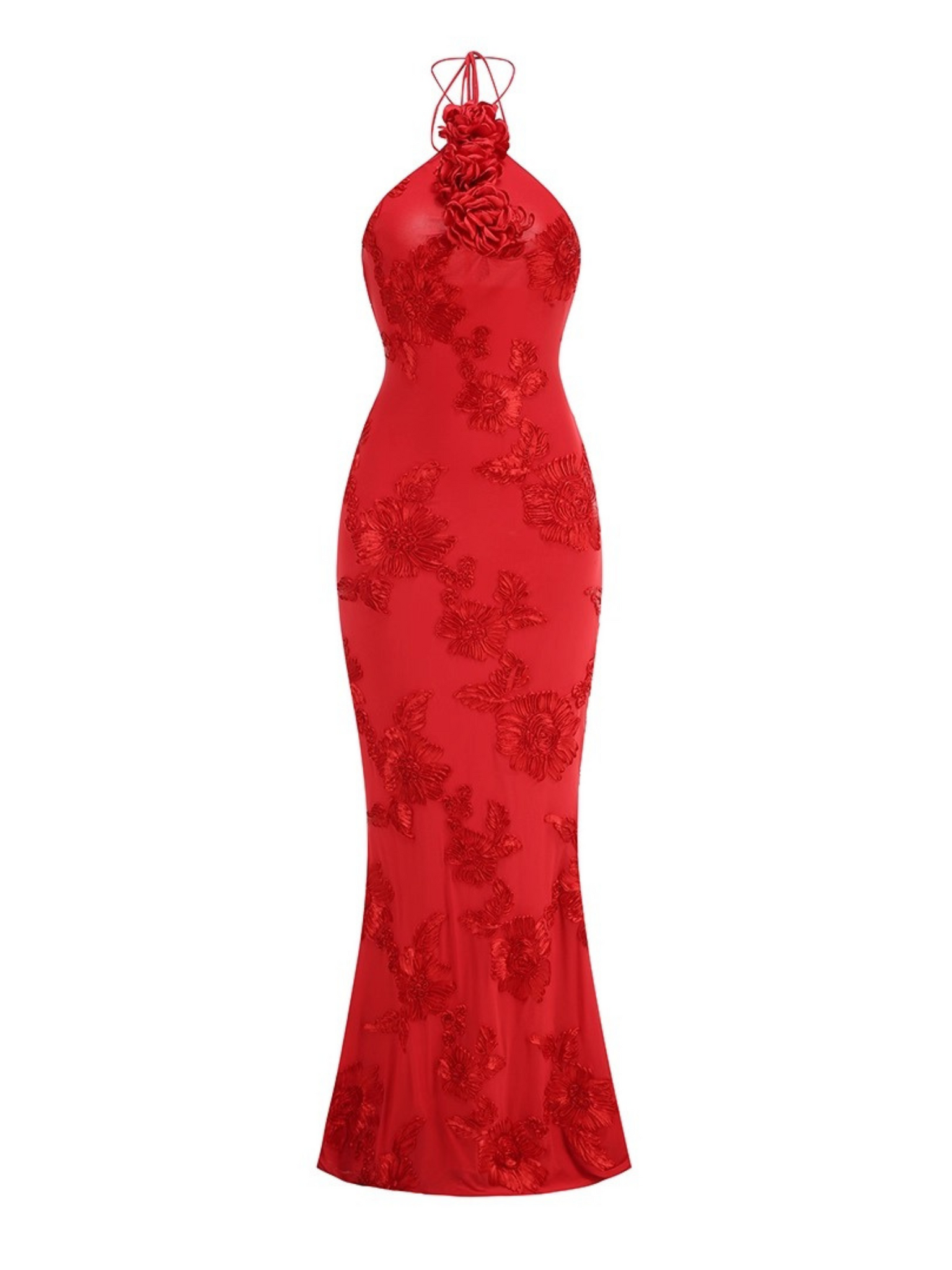 Dua Floral Appliqué Mermaid Dress in Red