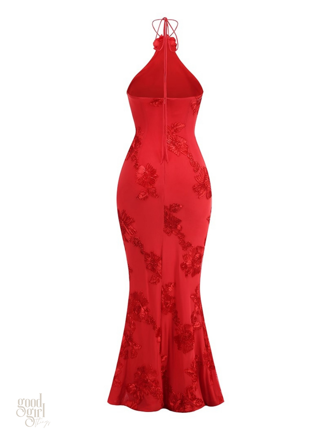 Dua Floral Appliqué Mermaid Dress in Red
