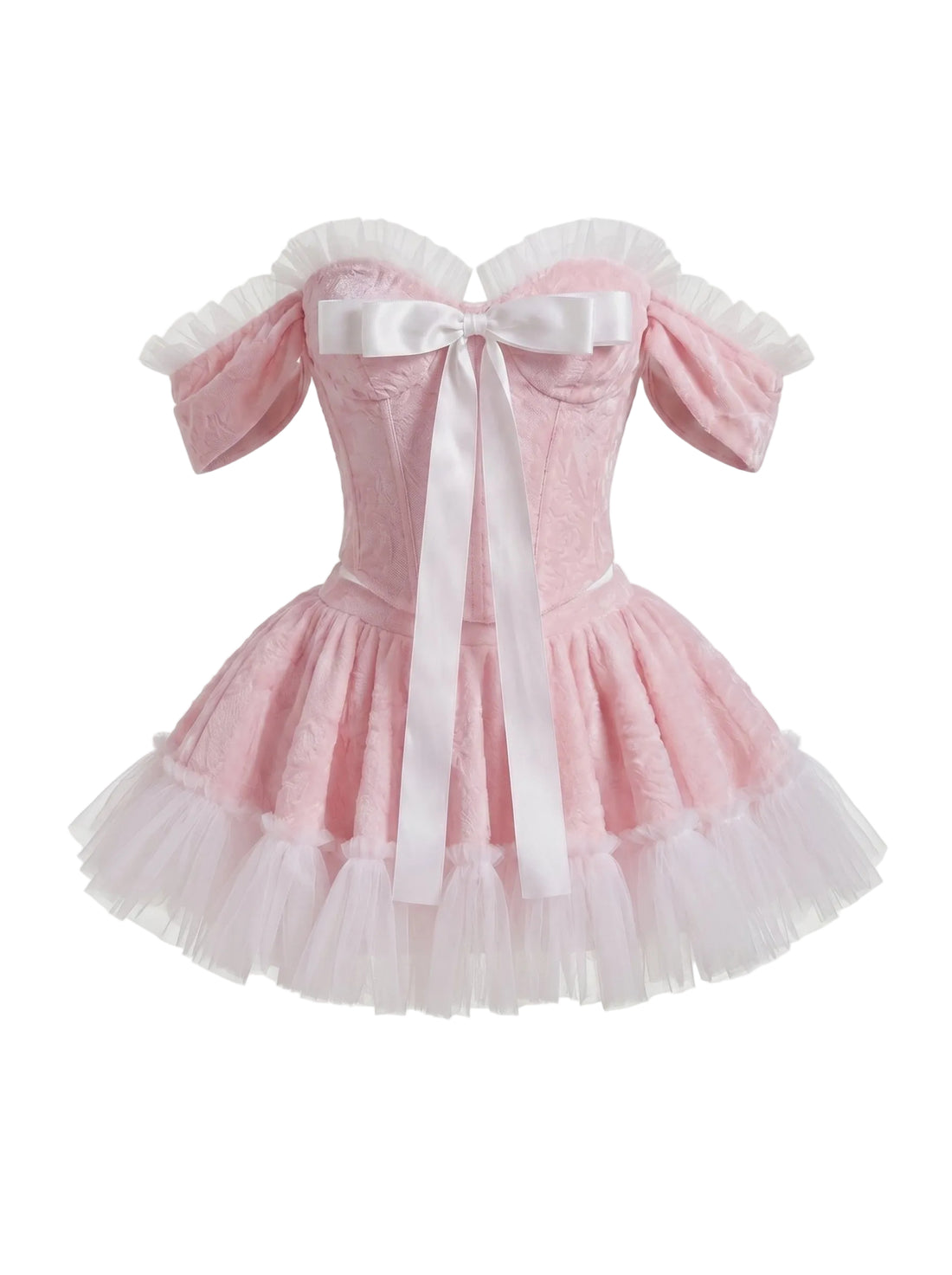 Pink dress with white accents on a light gray background