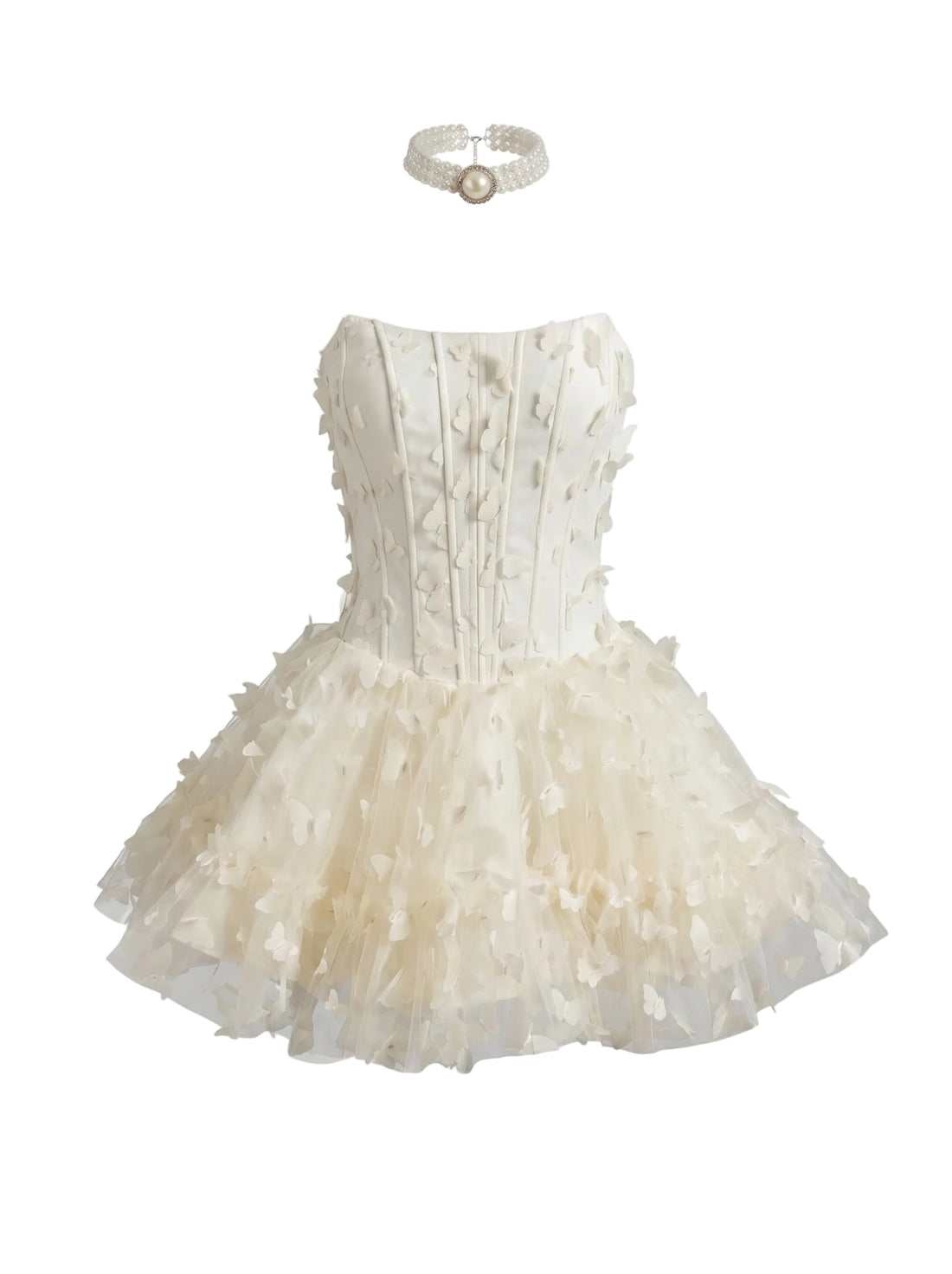 White lace dress with a matching headband on a light gray background