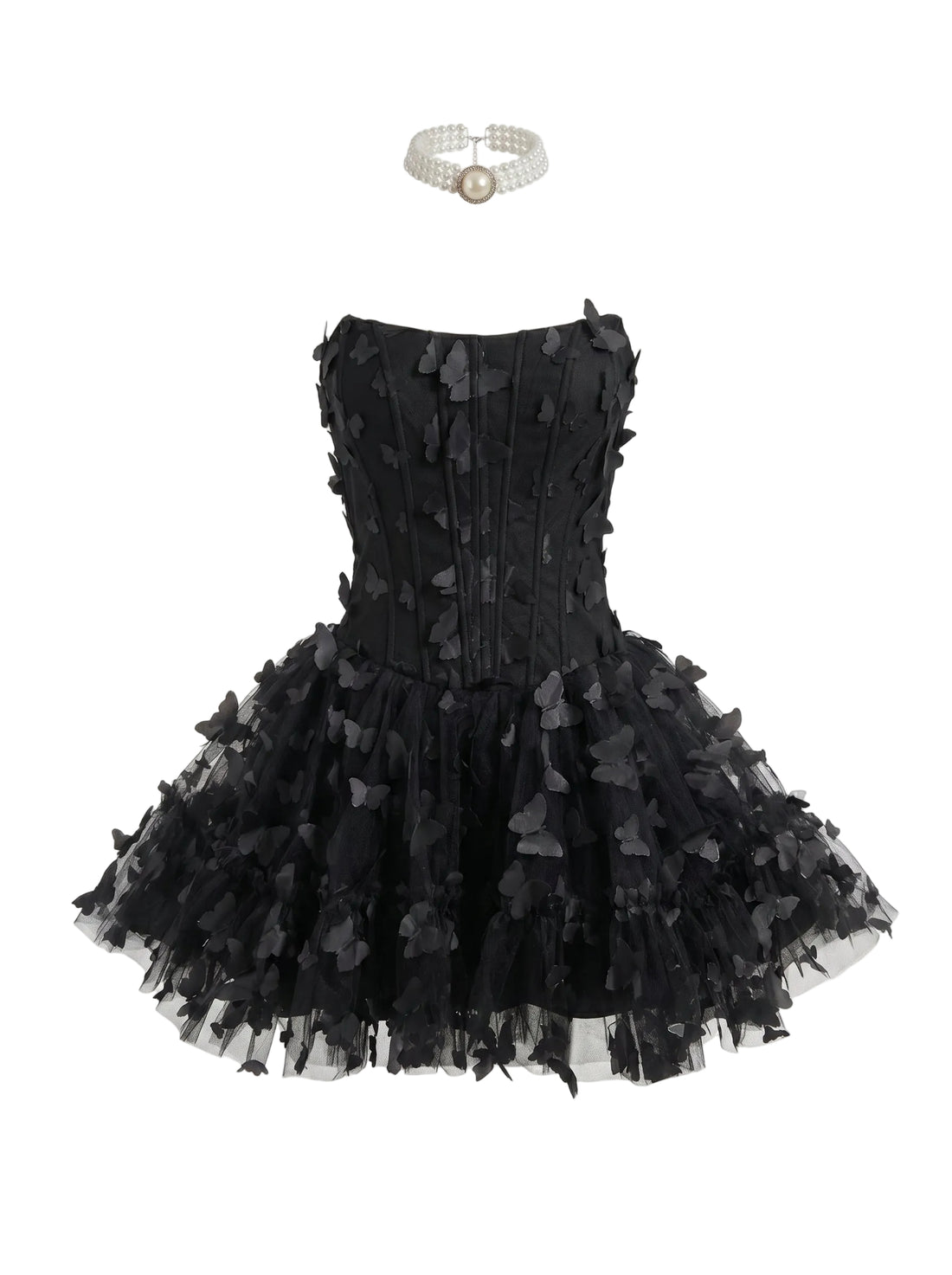 Black floral dress with a white background