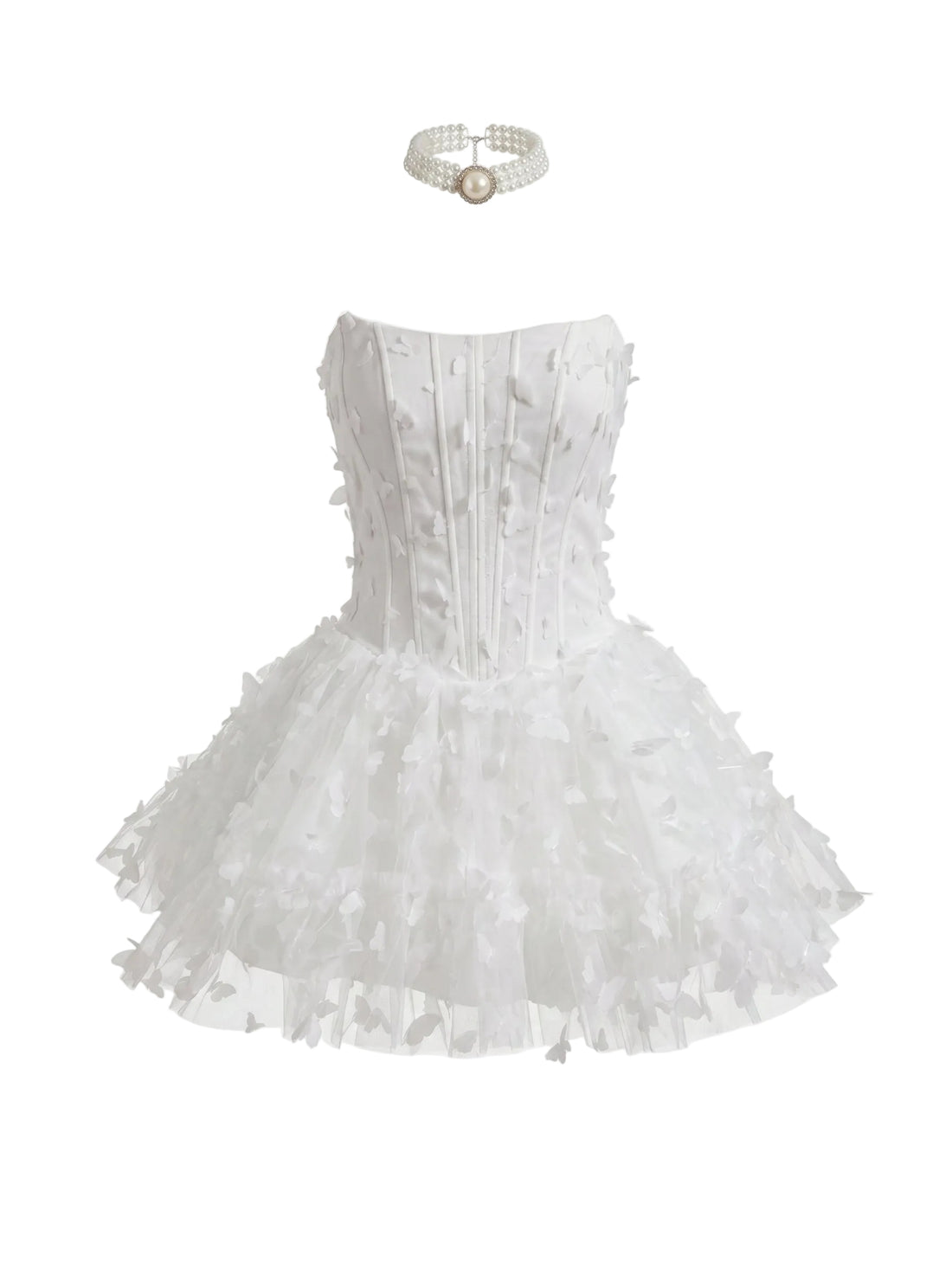 White lace dress with a belt on a light gray background