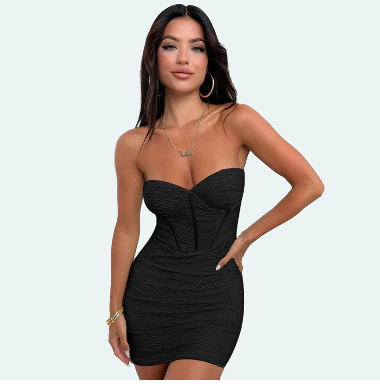 bodycon little black dress Billie Square Neck Mini Shop American Threads Online / L May be worn with any standard bra Women's Petite Black Stud Detail