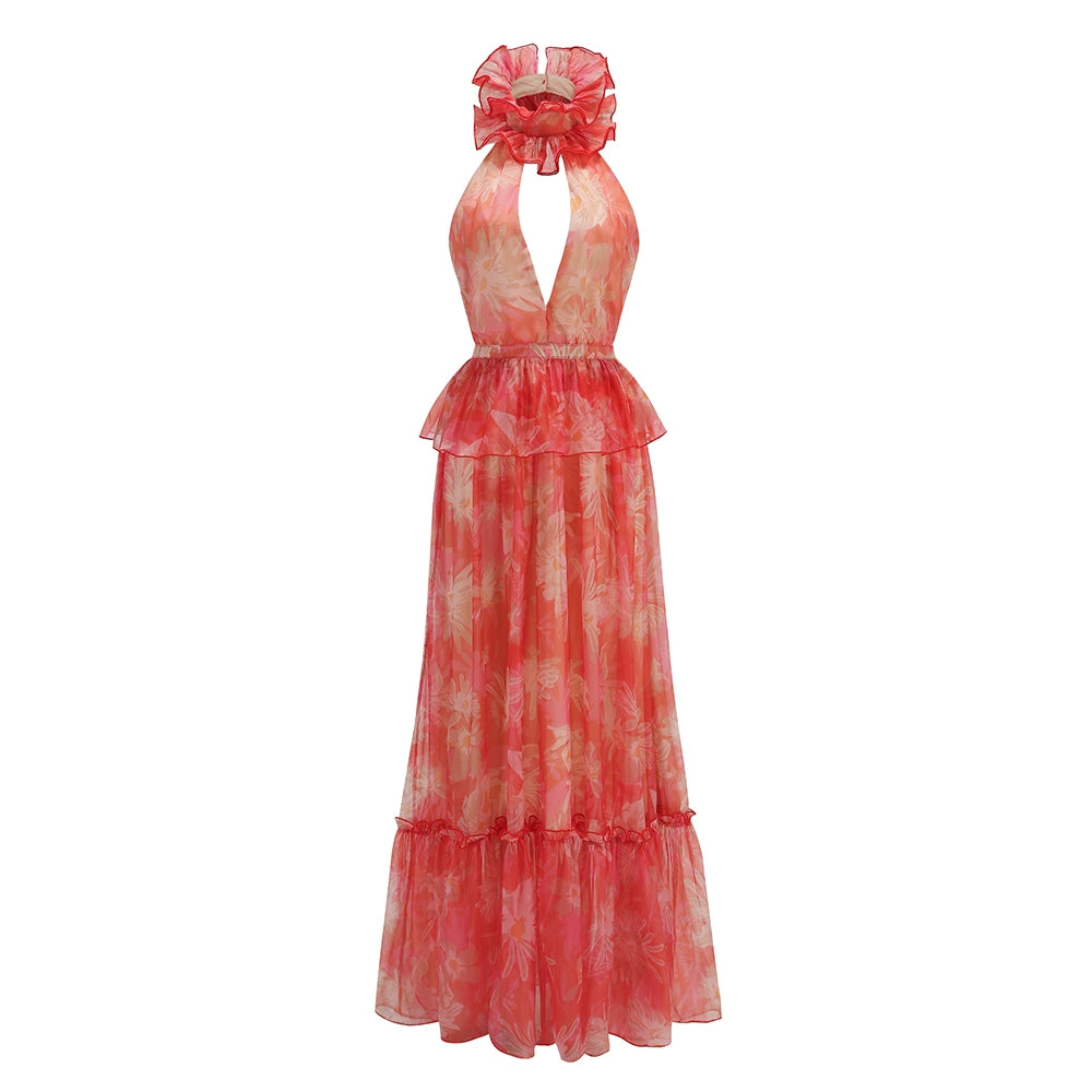 Diala Halter Mesh Maxi Dress - Orange Red [AW1JWK7W]