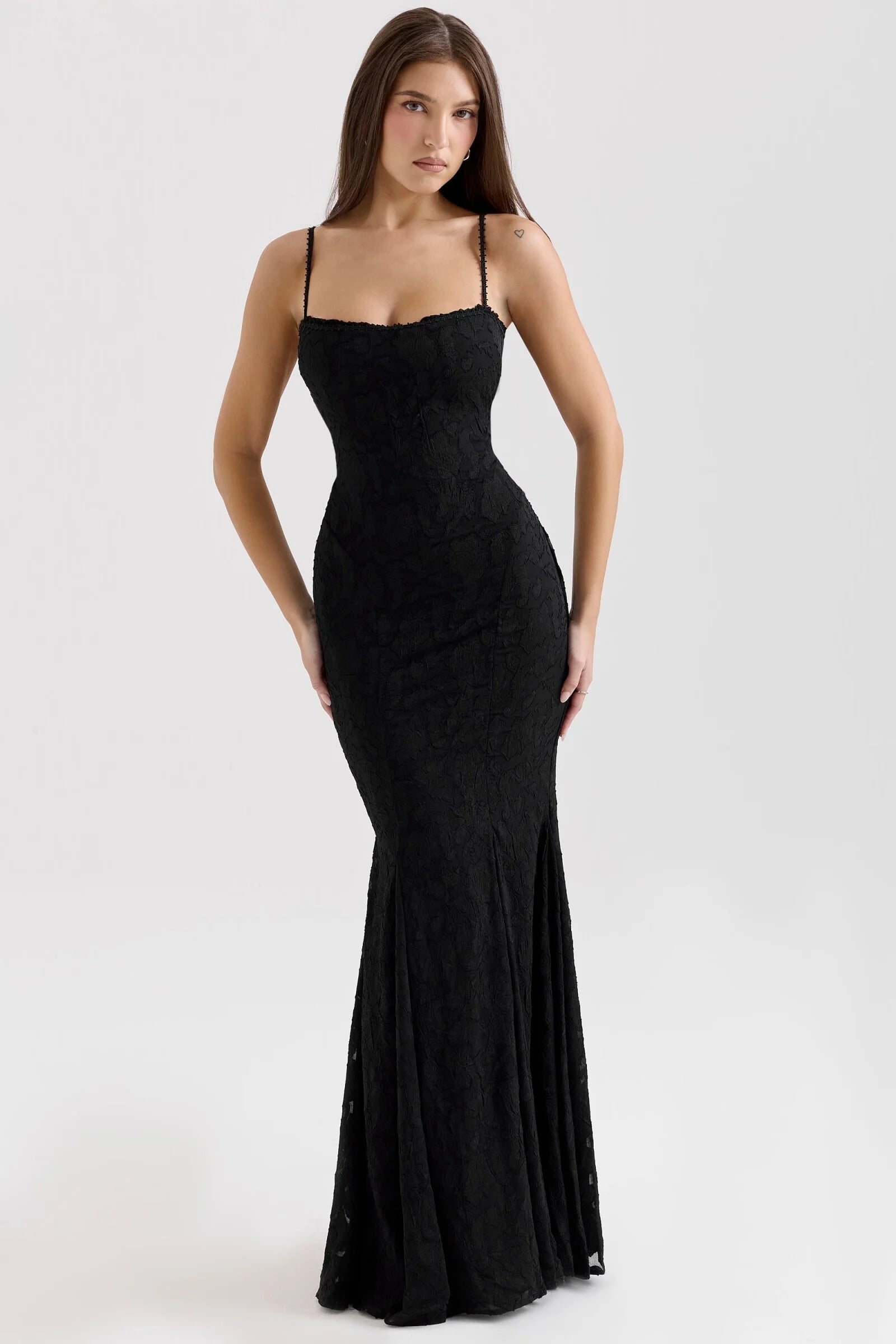 Jocelyn Square Neck Jacquard Maxi Dress - Black Embossed Jacquard [LLQ2WF0L]