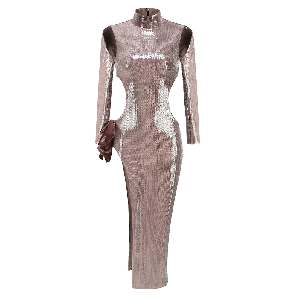 Kaylin Sequin Bow Slit Gown - Champagne [0UX0EXIP]