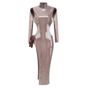 Kaylin Sequin Bow Slit Gown - Champagne [0UX0EXIP]