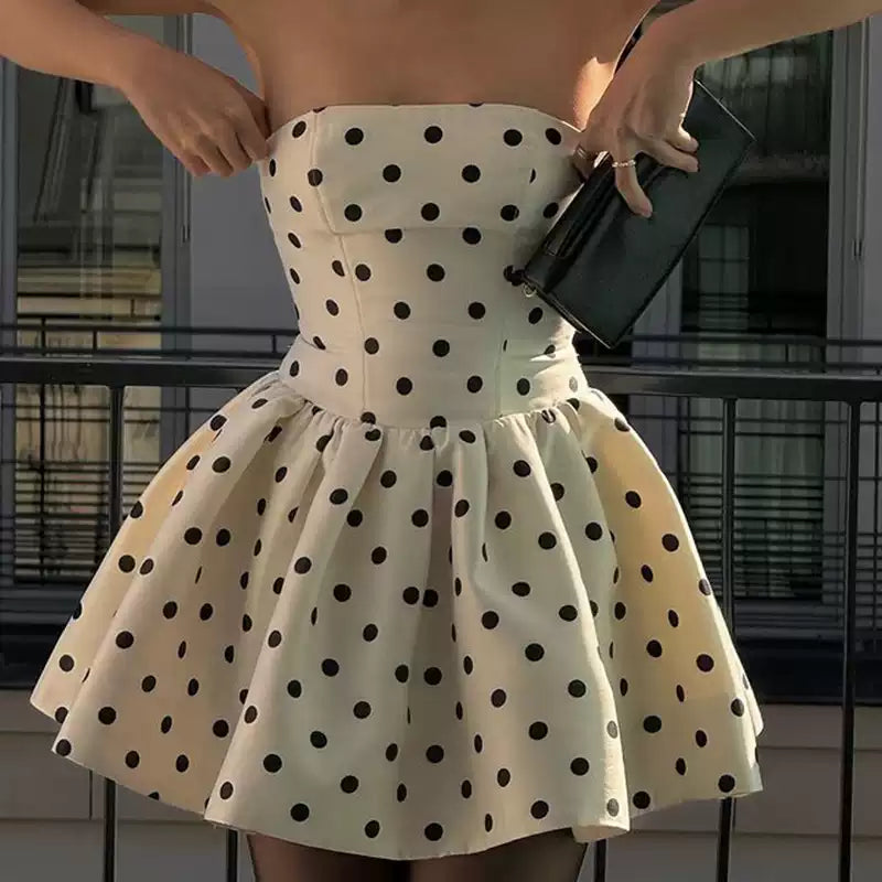 lola strapless mini dress in polkadot stripe Bandeau Pleated Mini Dress In White Polka Dot | EGO US