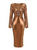 Marlene V-Neck Bodycon Midi - Champagne [P70JC2IE]