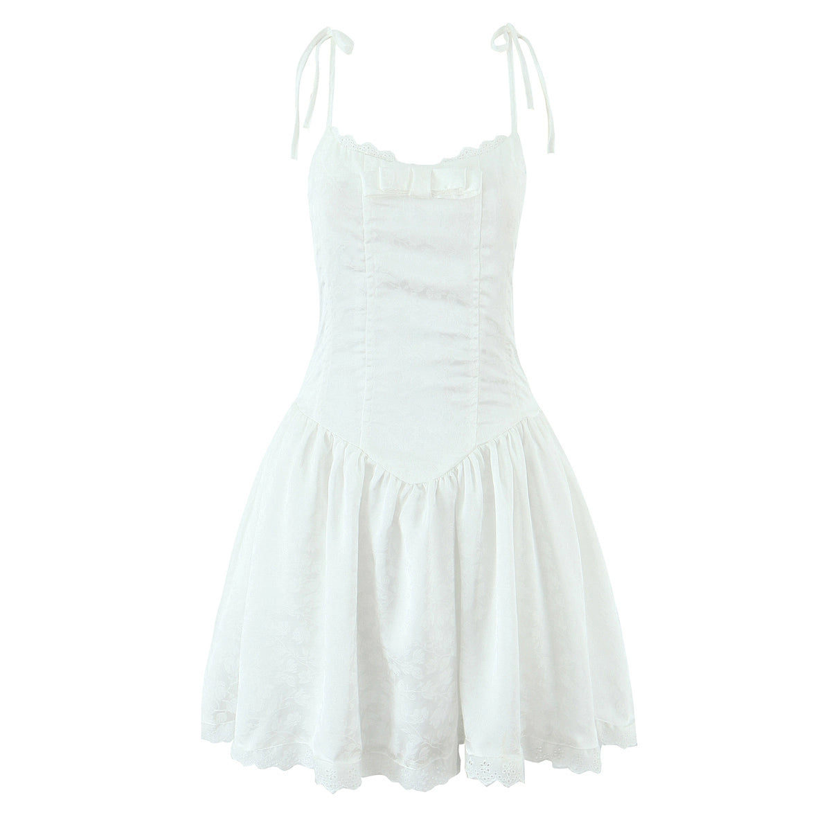 Arsema Puffy Lace Mini Dress - White Textured Strappy Dress [OMO15QIT]