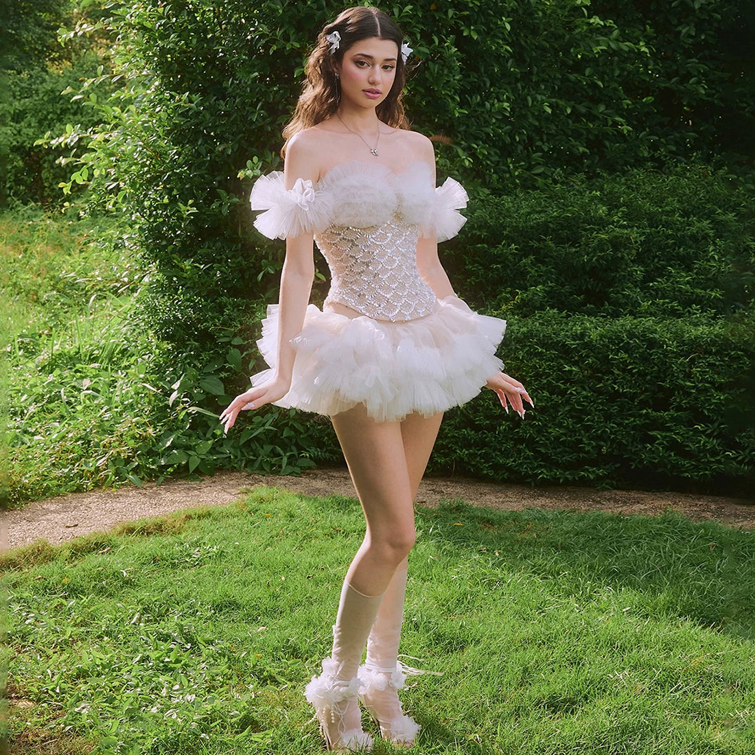 Textured Puffy Mini Skirt Set - White Skirt [95TL8826]