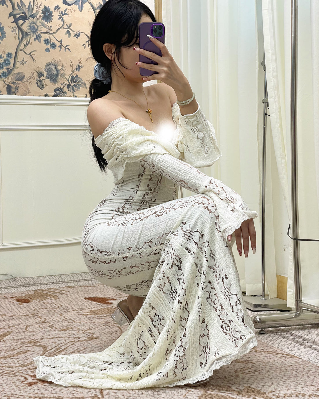 Angelee Off-Shoulder Long Lace Dress