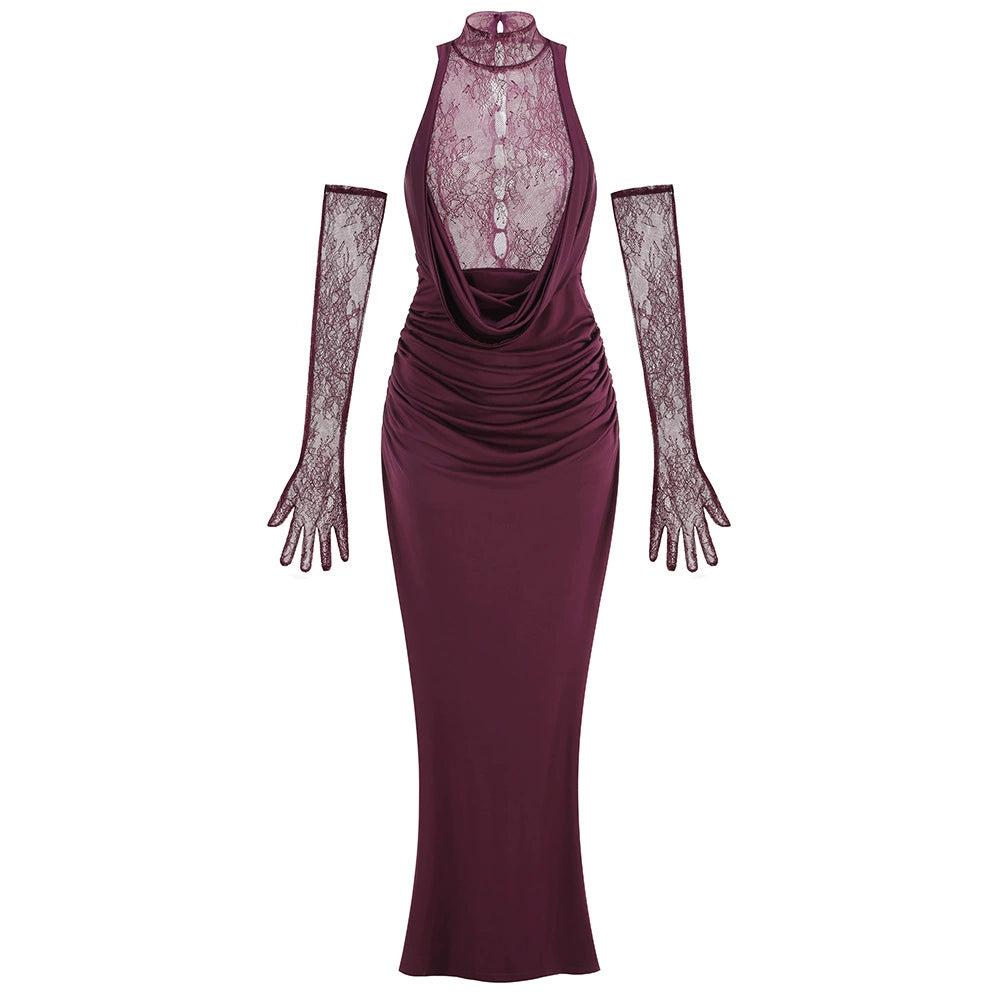 Brandi Halter Lace Gown - Wine Red [5XT9WIOB]