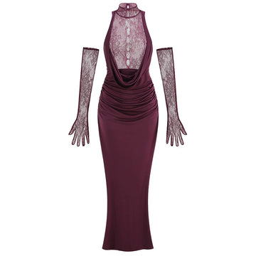 Brandi Halter Lace Gown - Wine Red [5XT9WIOB]