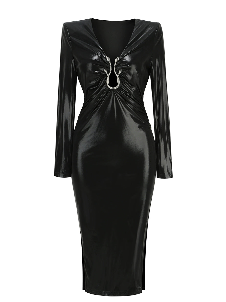 Marlene V-Neck Bodycon Midi - Black [G390C3TT]