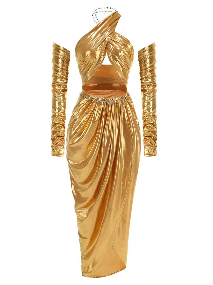 Sanjana Ruched Halter Gown - Gold [3NO4GB6R]