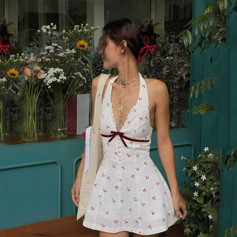 cherry print mini dress Pixie Multi Printed Halter Mini Dress