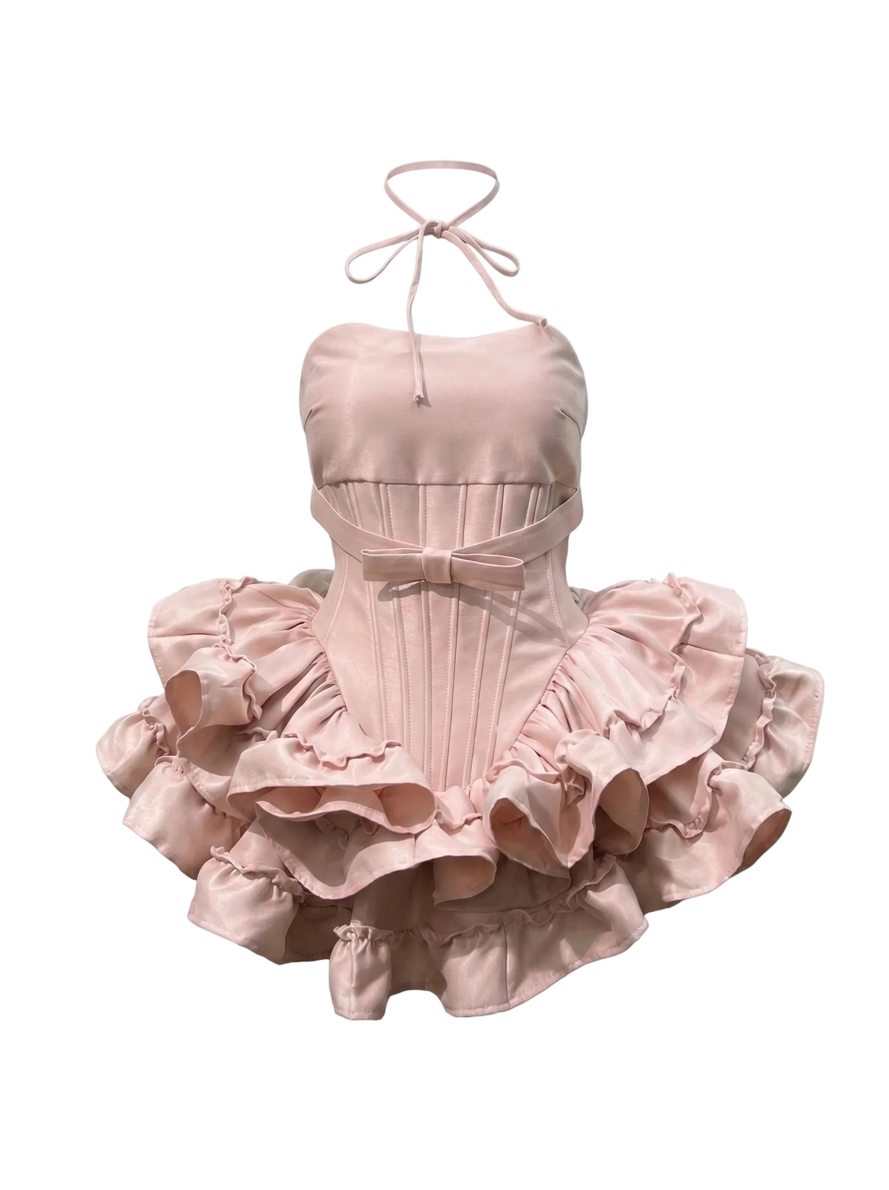 Pink dress with ruffled skirt on a white background