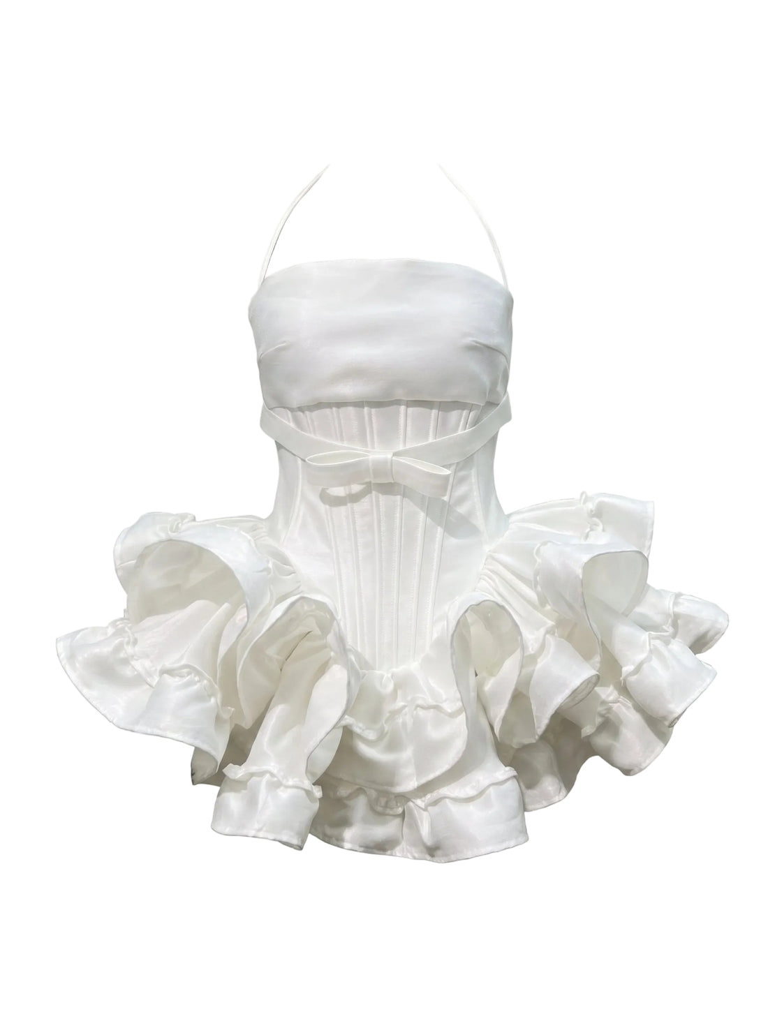 White strapless dress with ruffled skirt on a white background