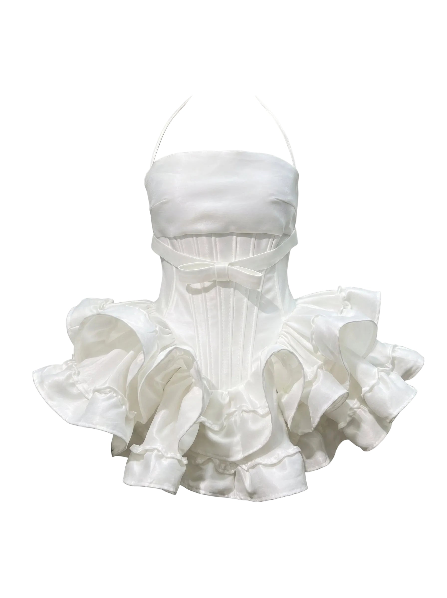 White strapless dress with ruffled skirt on a white background