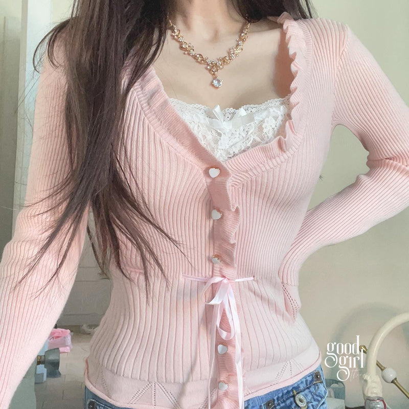 Aziyah Lace V-Neck Knit Top [BOA6CGIK]