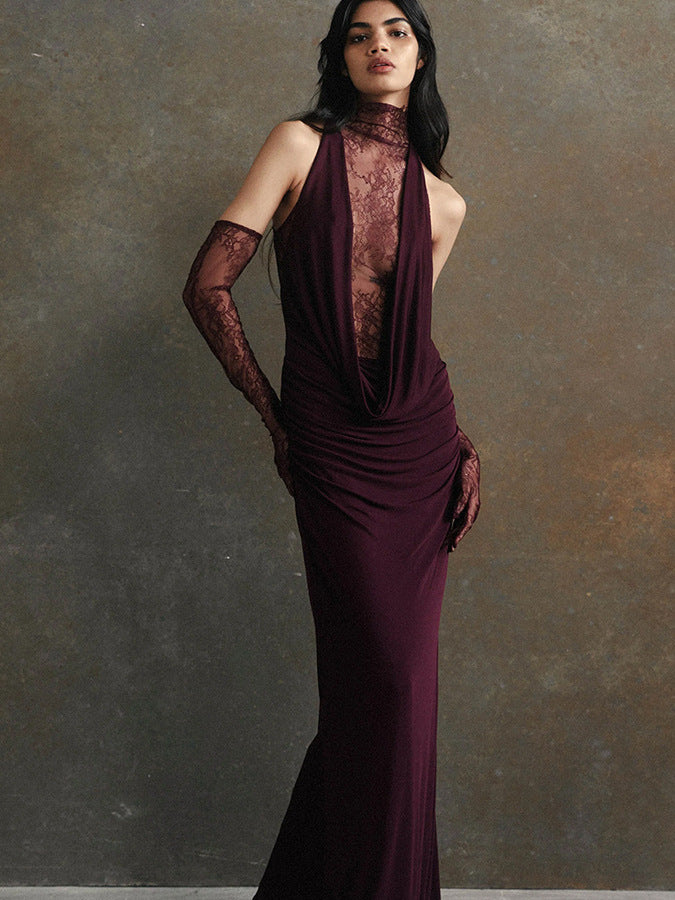 Brandi Halter Lace Gown - Wine Red [5XT9WIOB]