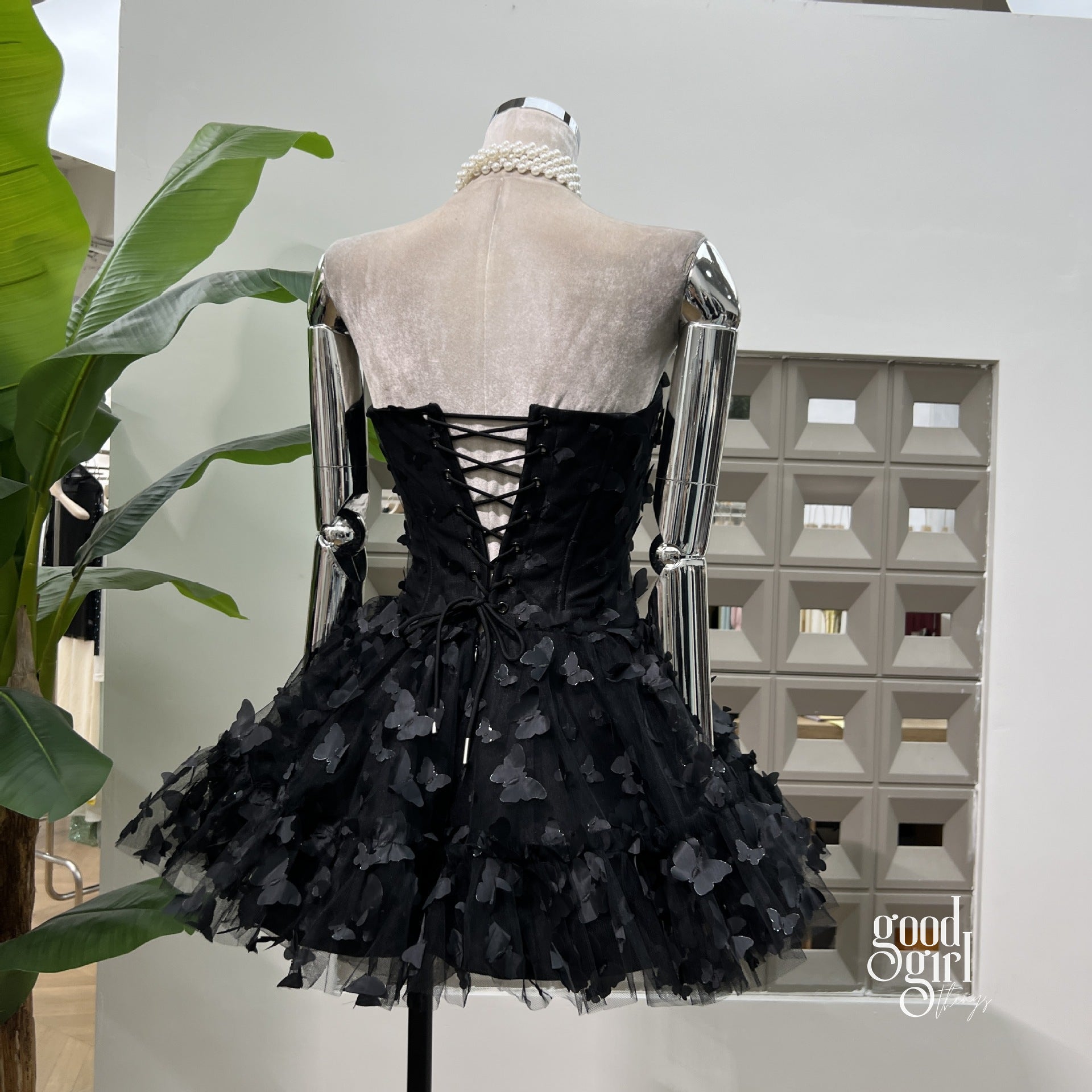 floral-appliqu corset mini dress in black Posy Floral-Appliqu Corset Mini Dress in Black