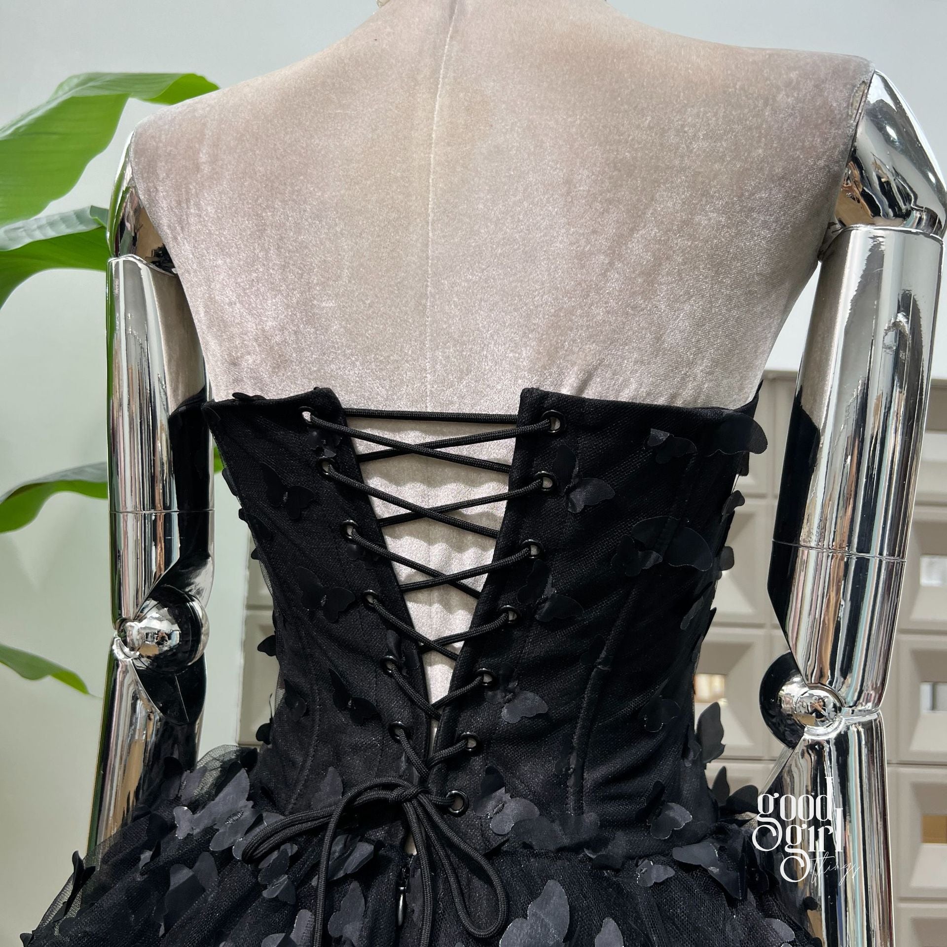 floral-appliqu corset mini dress in black Posy Floral-Appliqu Corset Mini Dress in Black