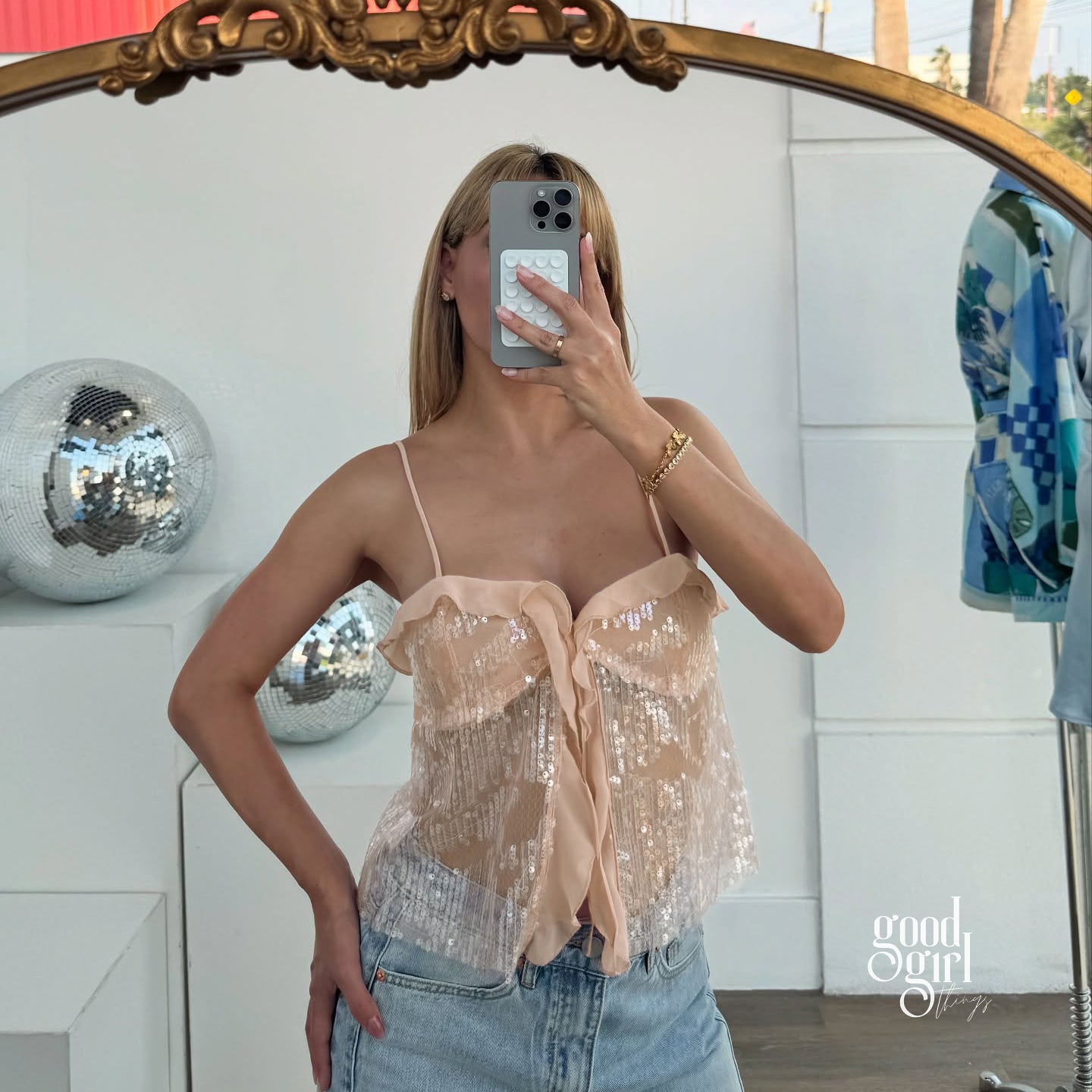 Delylah Sheer Sequin Halter Top [EL5B38B0]