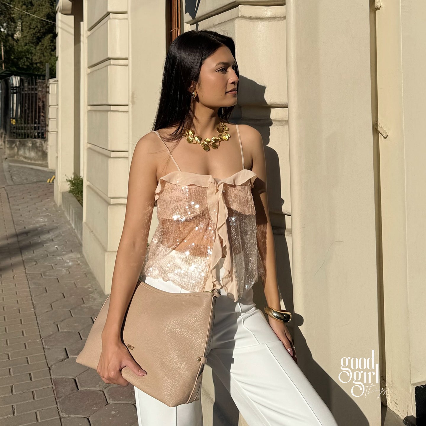 Delylah Sheer Sequin Halter Top [9JPDLLIB]