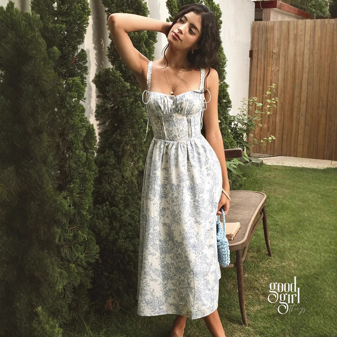 Heba Floral Lace-Up Midi Dress [V42299M9]