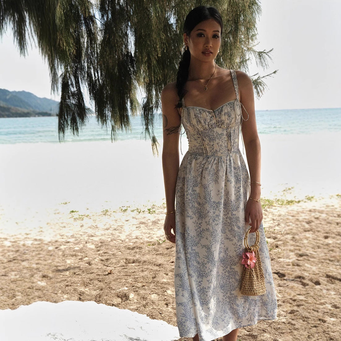 Heba Floral Lace-Up Midi Dress [C2ILMZL1]