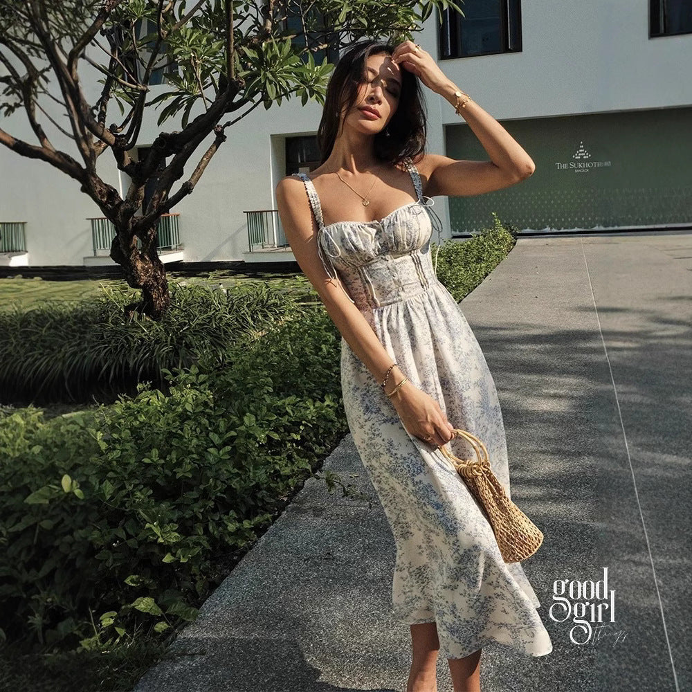 Heba Floral Lace-Up Midi Dress [8U9PCL9B]