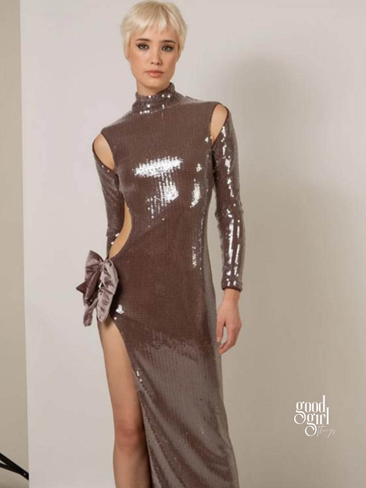 Kaylin Sequin Bow Slit Gown [5EP36KIJ]