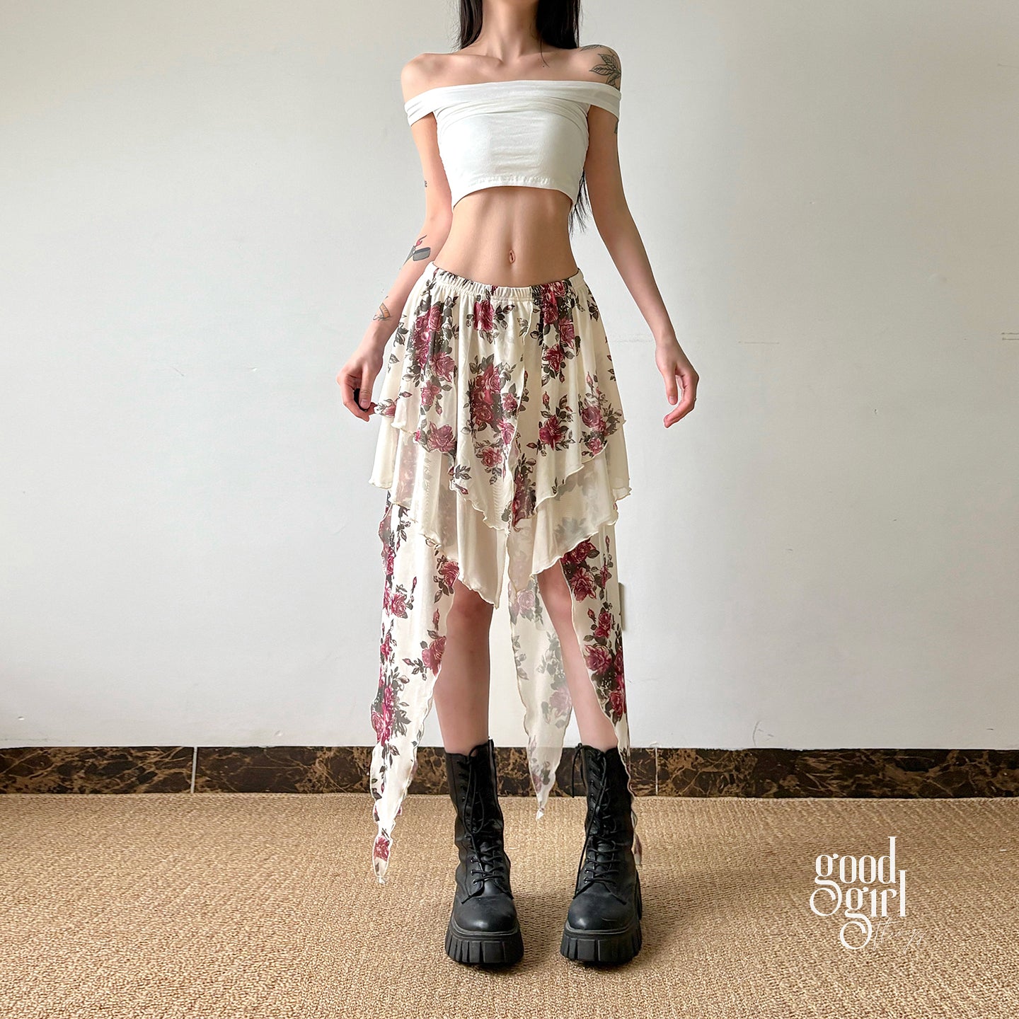 Kit Rose Print Asymmetric Skirt [6U8J6NY2]