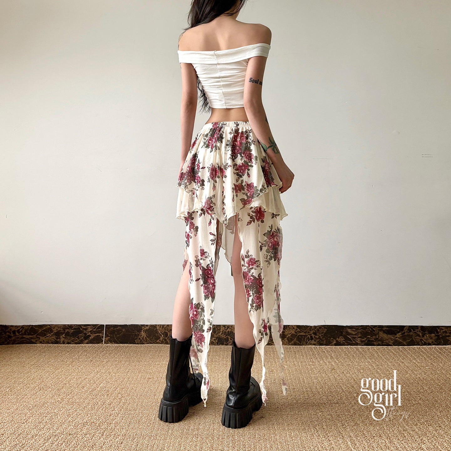 Kit Rose Print Asymmetric Skirt [HWYJQNB1]