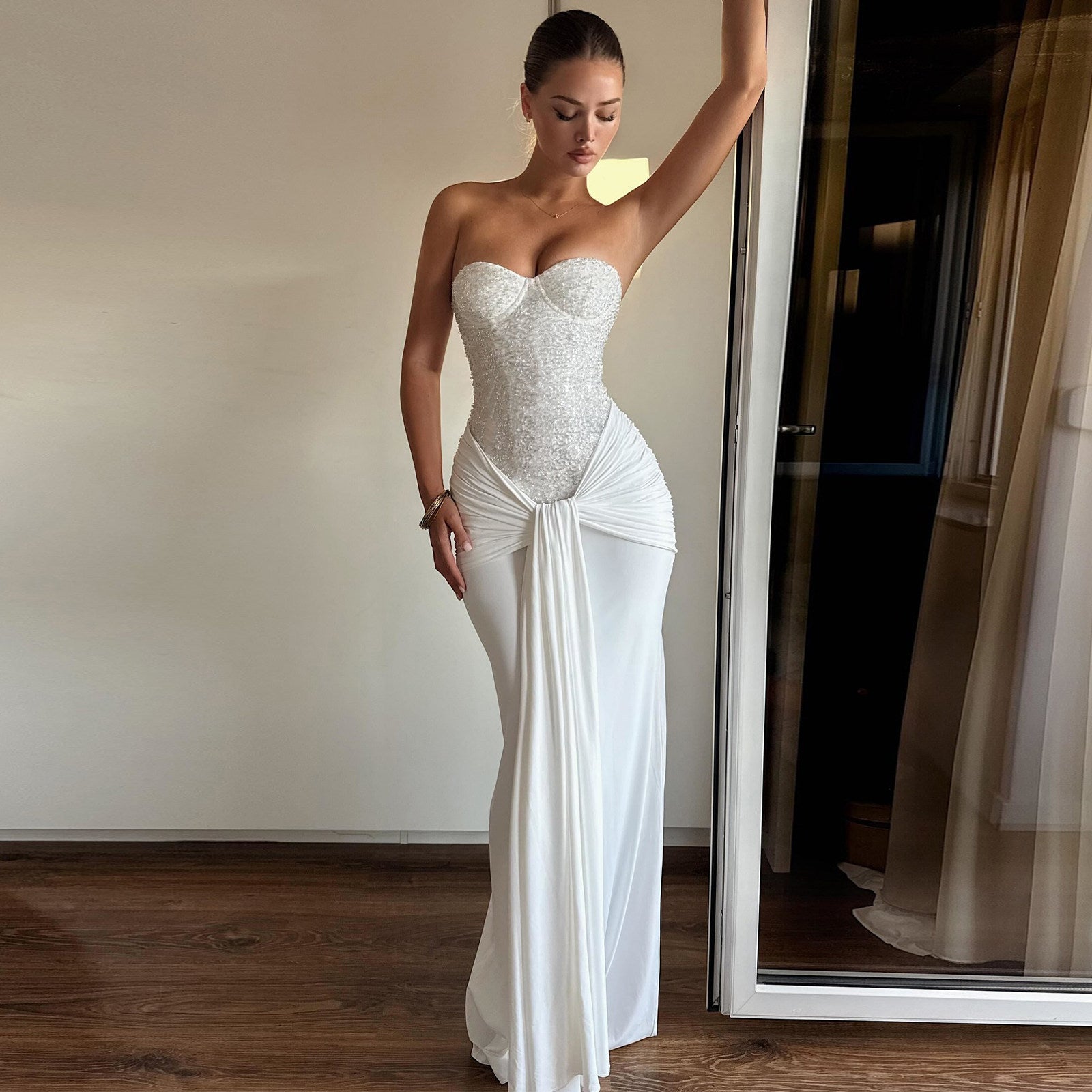 sequin white maxi dress For Lovers Feather Trim The SOFIA Long Sleeve Sequin Maxi Dress is the ultimate statement in glamour Sequin Strapless Maxi Dress