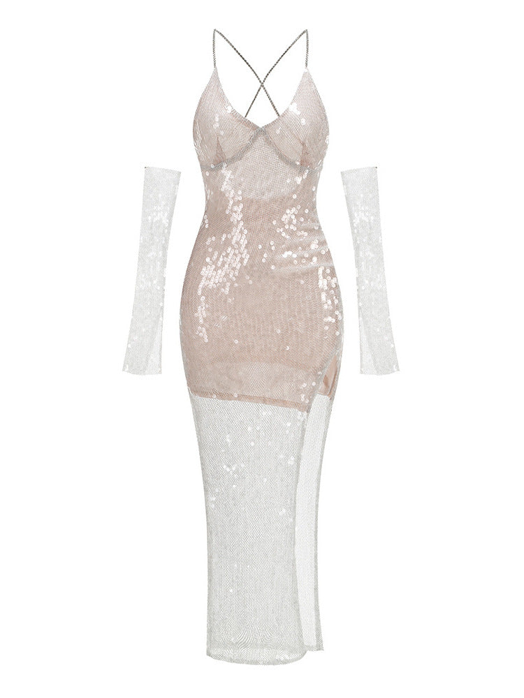 Theodora Sequin Mesh Midi Dress [WL5F743X]