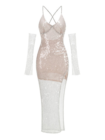 Theodora Sequin Mesh Midi Dress [WL5F743X]