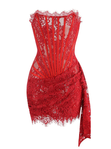 Indra Corset Lace Mini Dress in Red