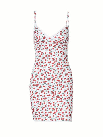 Nadya Cherry Print Mini Dress in White